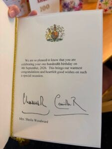 Inside a 100th Birthday card sent by Buckingham Palace to resident Shelia on her 100th Birthday at Arden House