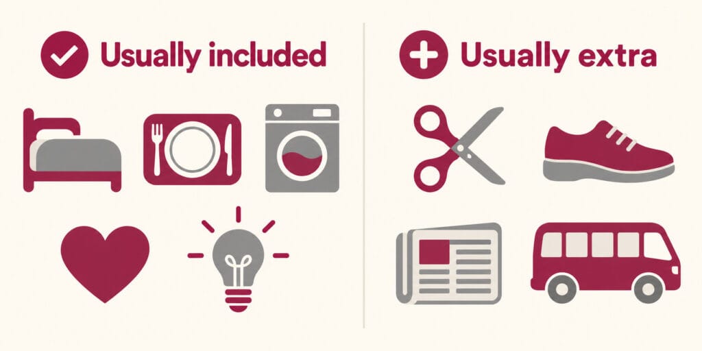A two-column graphic showing typical care home fee inclusions on one side and typically separate charges on the other.