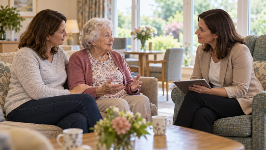 A calm one-to-one conversation between a care professional and a family member.