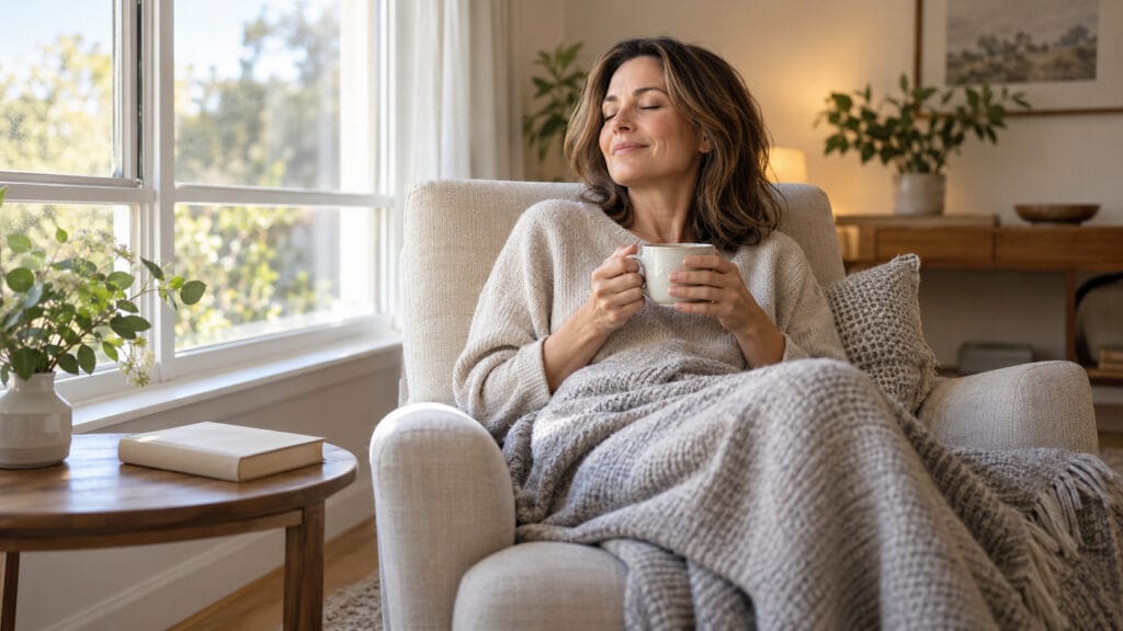 A person sitting quietly with a cup of tea, enjoying a peaceful moment of rest.